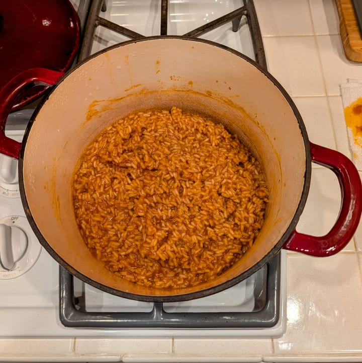 A nice pot of Mexican Rice, cooked similar to a risotto... and just as tasty.