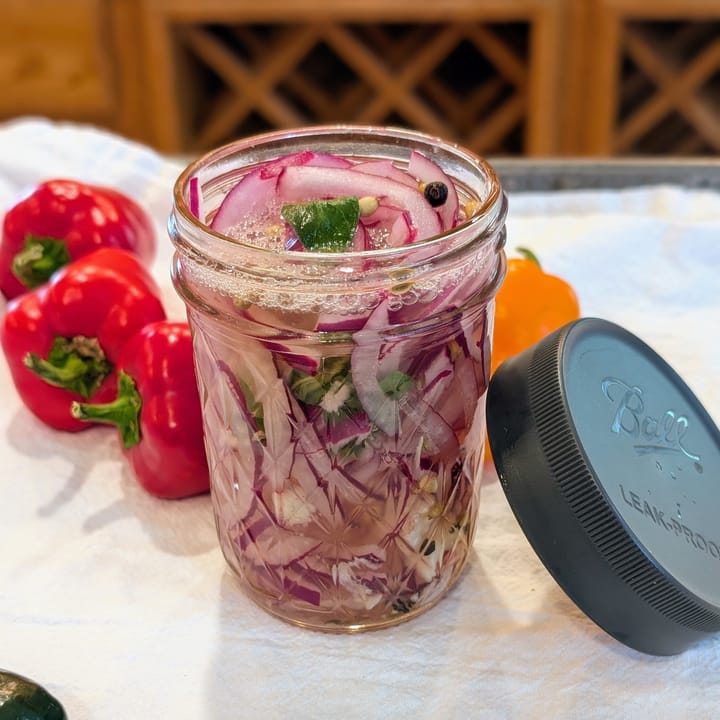 A pint jar of pickled onions ready for some brisket tacos.  Yum!