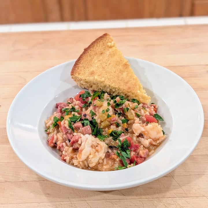 Don't forget the cornbread to complete this bowl of jambalaya.