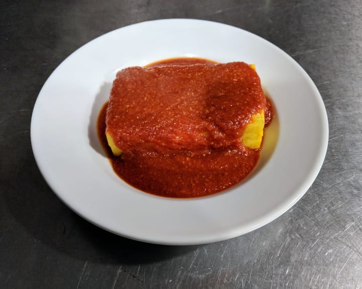 There has to be something said about a slightly sweet red sauce.  Usually not a fan... but with this brick of Polenta it is perfection.