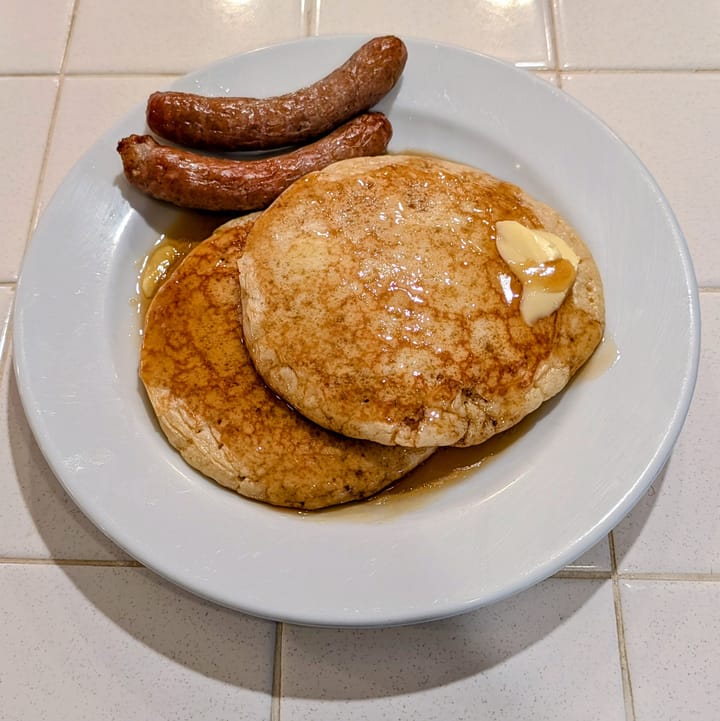 Pancakes with Vermont maple syrup, Air Fried Sausage Links and melting butter.  If that doesn't make your morning better... don't know what will. 